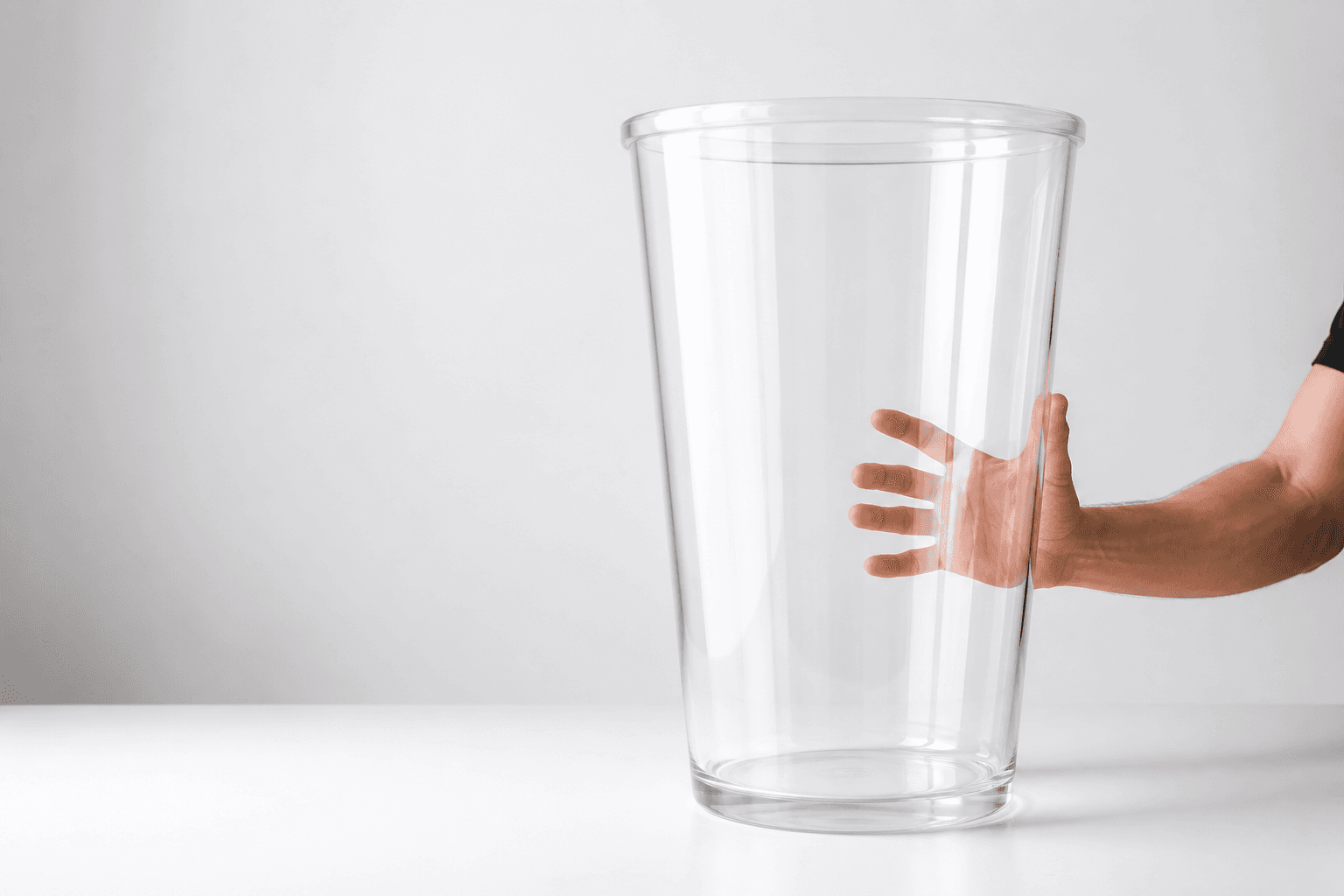 An oversized clear cup beside an adult hand for scale.